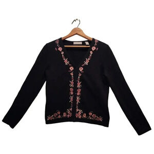 Kate Hill Cardigan Sweater Womens Petite PXS Black Embroidery VNeck Button Front